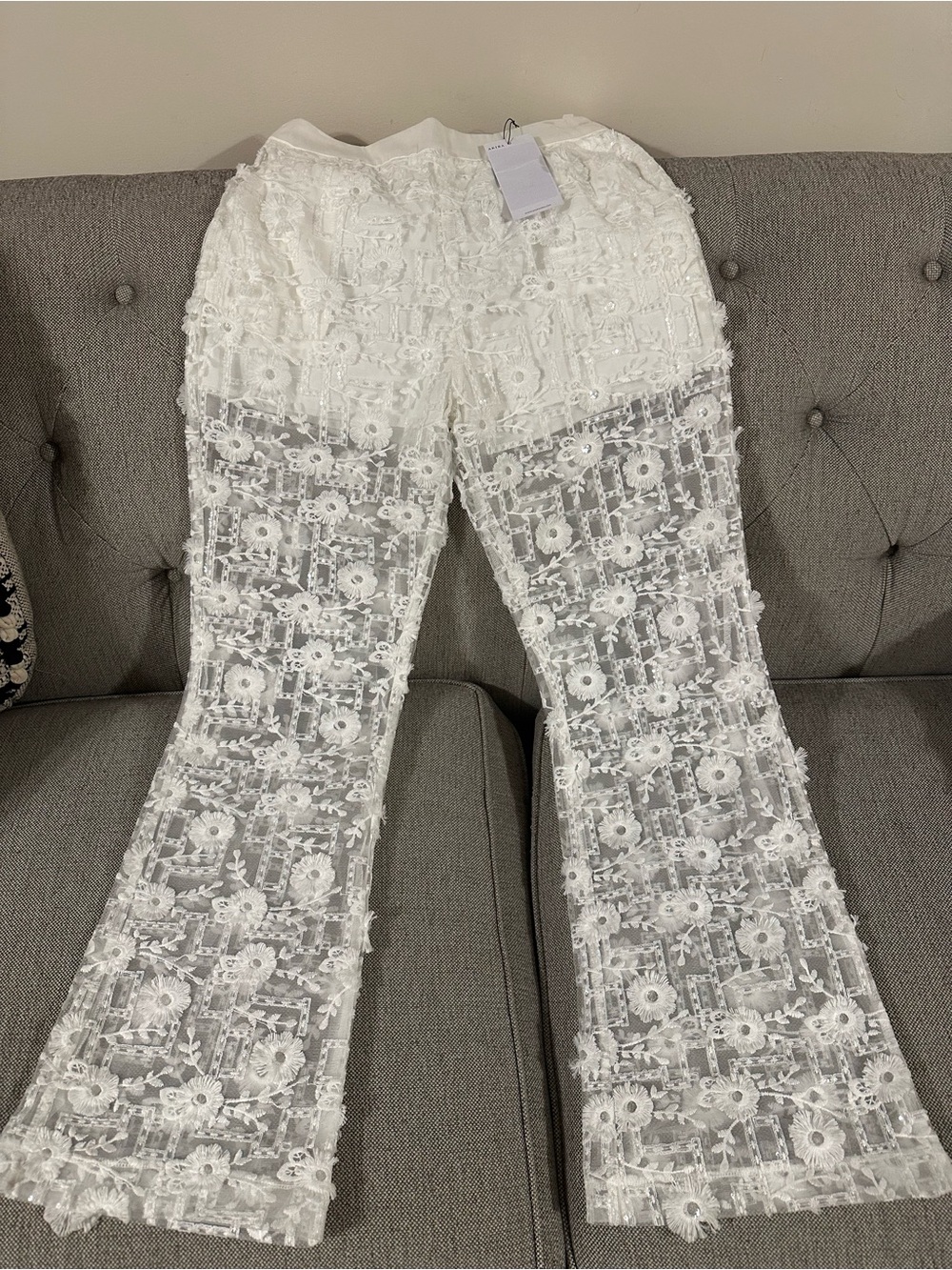 Akira White Floral Crochet Lace sheer palazzo Flared Pants size small